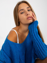 Hurt Ciemnoniebieski sweter z warkoczami i dekoltem w serek OCH BELLA