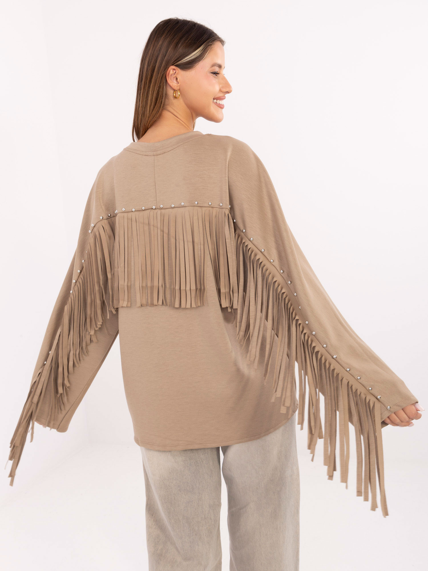 Ciemnobeżowa bluza oversize z frędzlami 