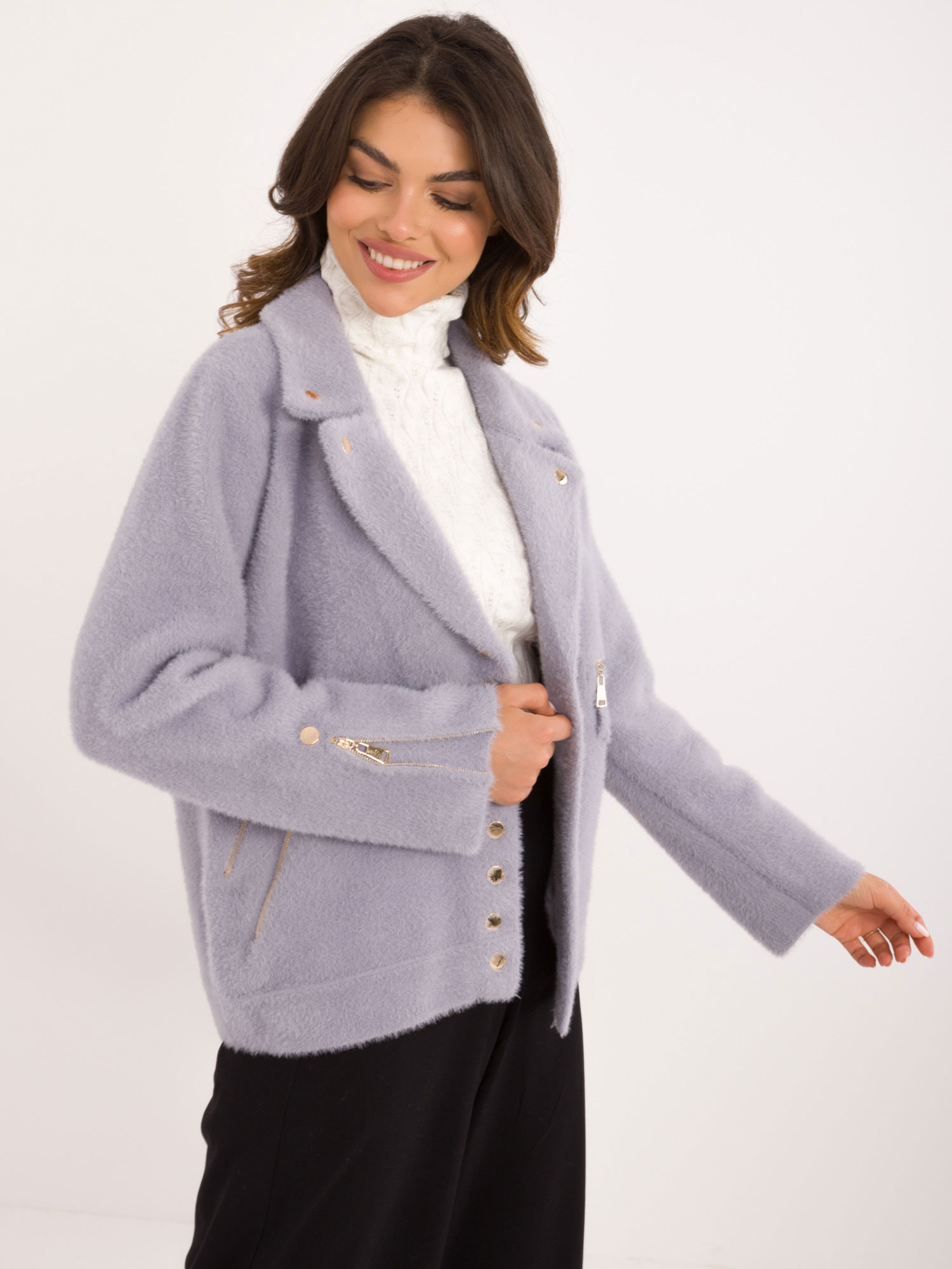 Hurt Light purple alpaca jacket with snap fastener.