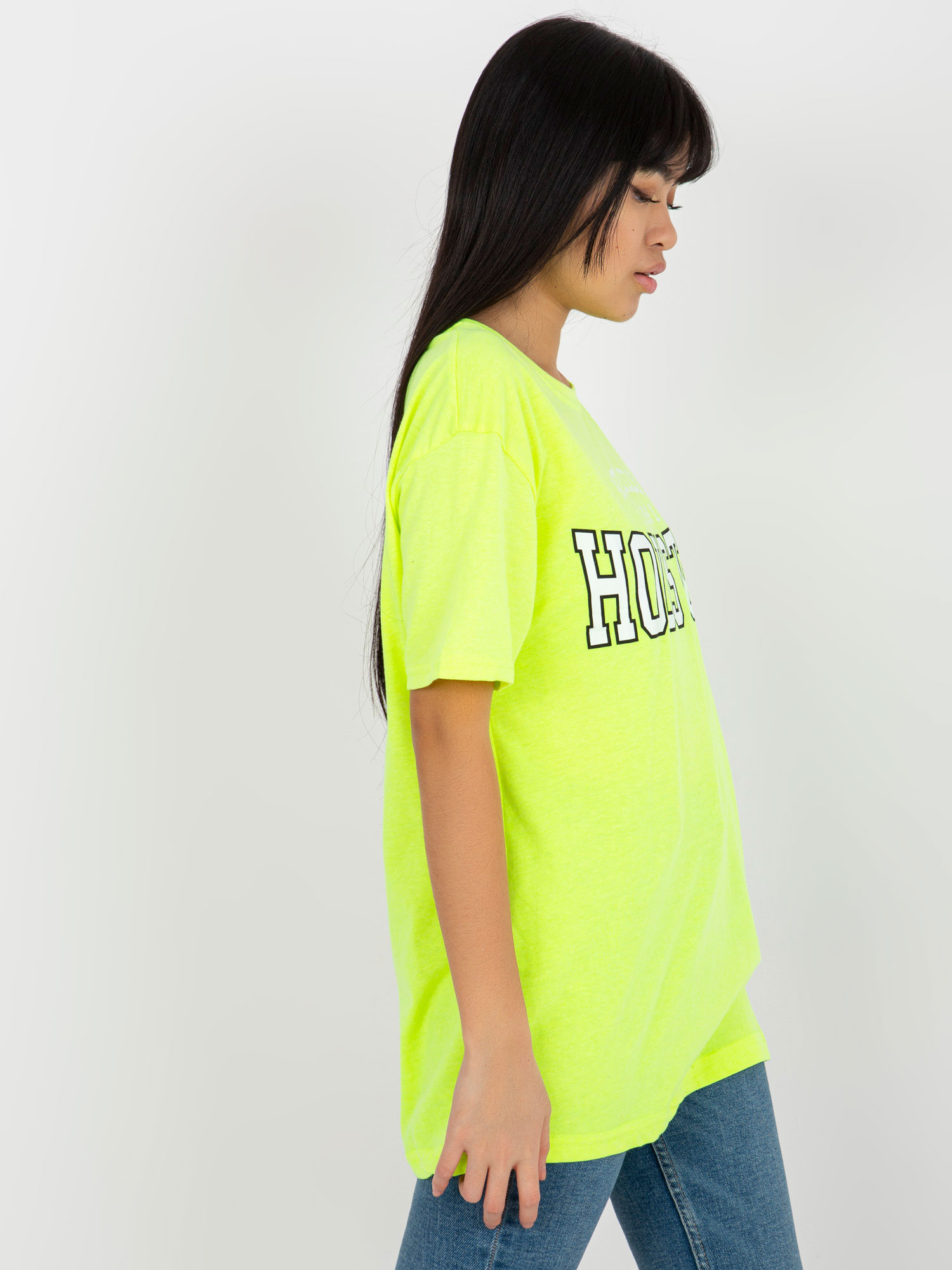 Hurtownia Fluo żółty luźny damski t-shirt z nadrukiem 