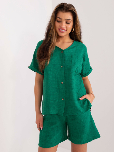 Hurtownia Ciemnozielony damski komplet letni z bluzką z rozcięciami