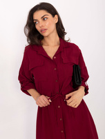 Bordowa koszulowa sukienka ze ściągaczem w talii