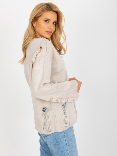 Hurt Beżowy damski sweter oversize z dziurami z wełną