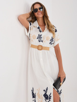 Navy blue midi dress with short sleeves.