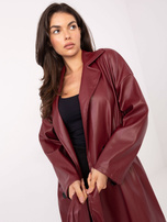 Bordowy dwurzędowy płaszcz z ekoskóry RUE PARIS