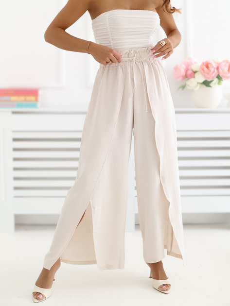Jasnobeżowe letnie spodnie z talią paperbag