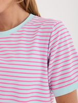 Fluo różowo-niebieski damski t-shirt w paski RUE PARIS