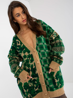 Hurt Zielono-camelowy ciepły sweter rozpinany oversize