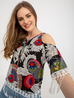 Hurt Czarna bluzka z nadrukiem i wiązaniem przy dekolcie