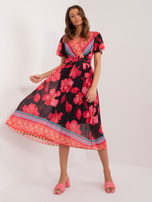 Wholesale black-red patterned dress with short sleeves.