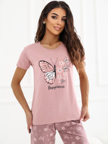 Różowa bawełniana piżama ze spodniami 3/4