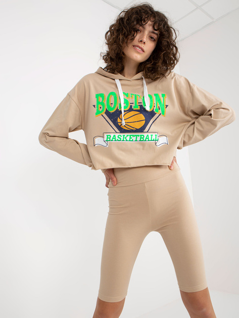 Hurt Beżowy komplet casualowy z krótką bluzą i kolarkami