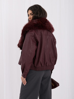 Burgundy faux leather jacket with detachable fur.