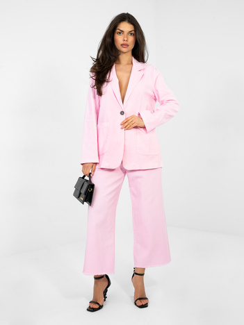 Pastelowa różowa jeansowa marynarka od kompletu RUE PARIS 