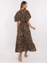 Camel and black flared dress with a belt.