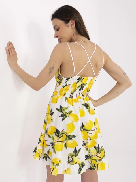 Ecru-żółta mini sukienka z nadrukiem w cytryny