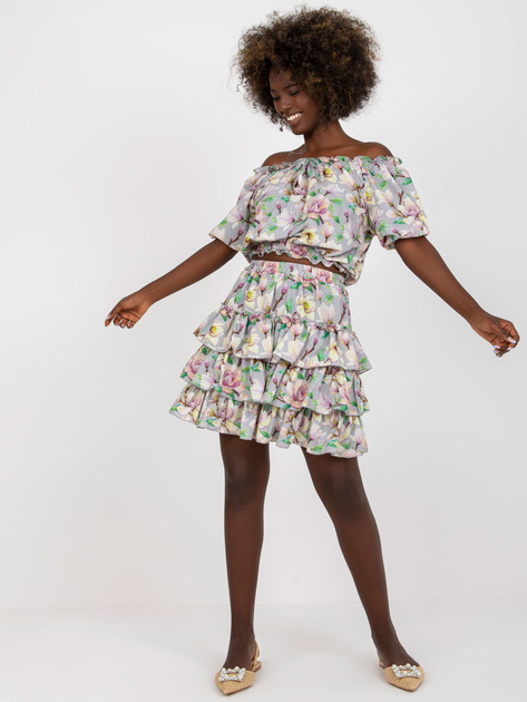 Szaro-żółty komplet letni z bluzką hiszpanką