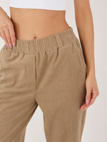 Ciemnobeżowe sztruksowe spodnie bez zapięcia RUE PARIS 