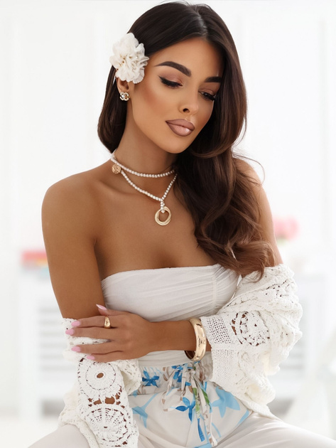 Ecru ażurowy sweter boho z rękawem 3/4