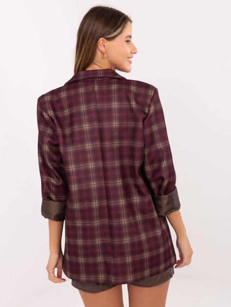 Bordowo-beżowa długa marynarka w kratę