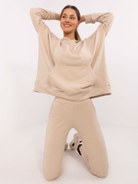 Hurt Beżowy dresowy komplet basic z bluzą z kapturem