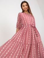 Hurt Brudnoróżowa midi sukienka z falbaną i haftem