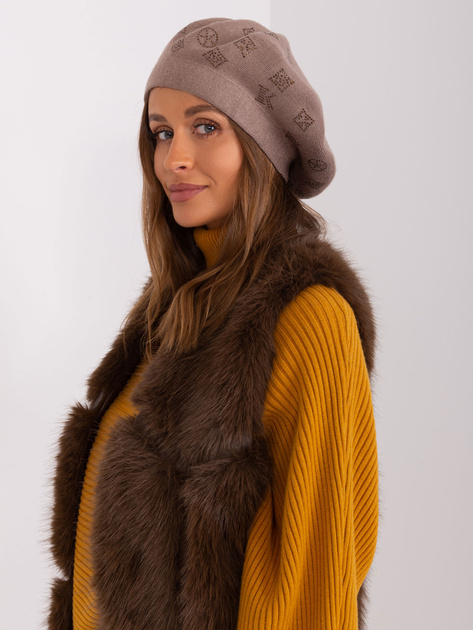 Hurt Ciemnobeżowy damski beret z dżetami