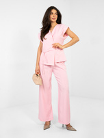 Pastelowy różowy elegancki komplet z szerokimi spodniami RUE PARIS 