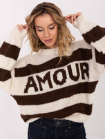 Ecru-brązowy damski sweter oversize w paski