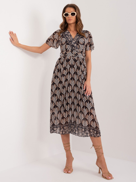 Hurtownia Czarna damska sukienka z printami i krótkim rękawem