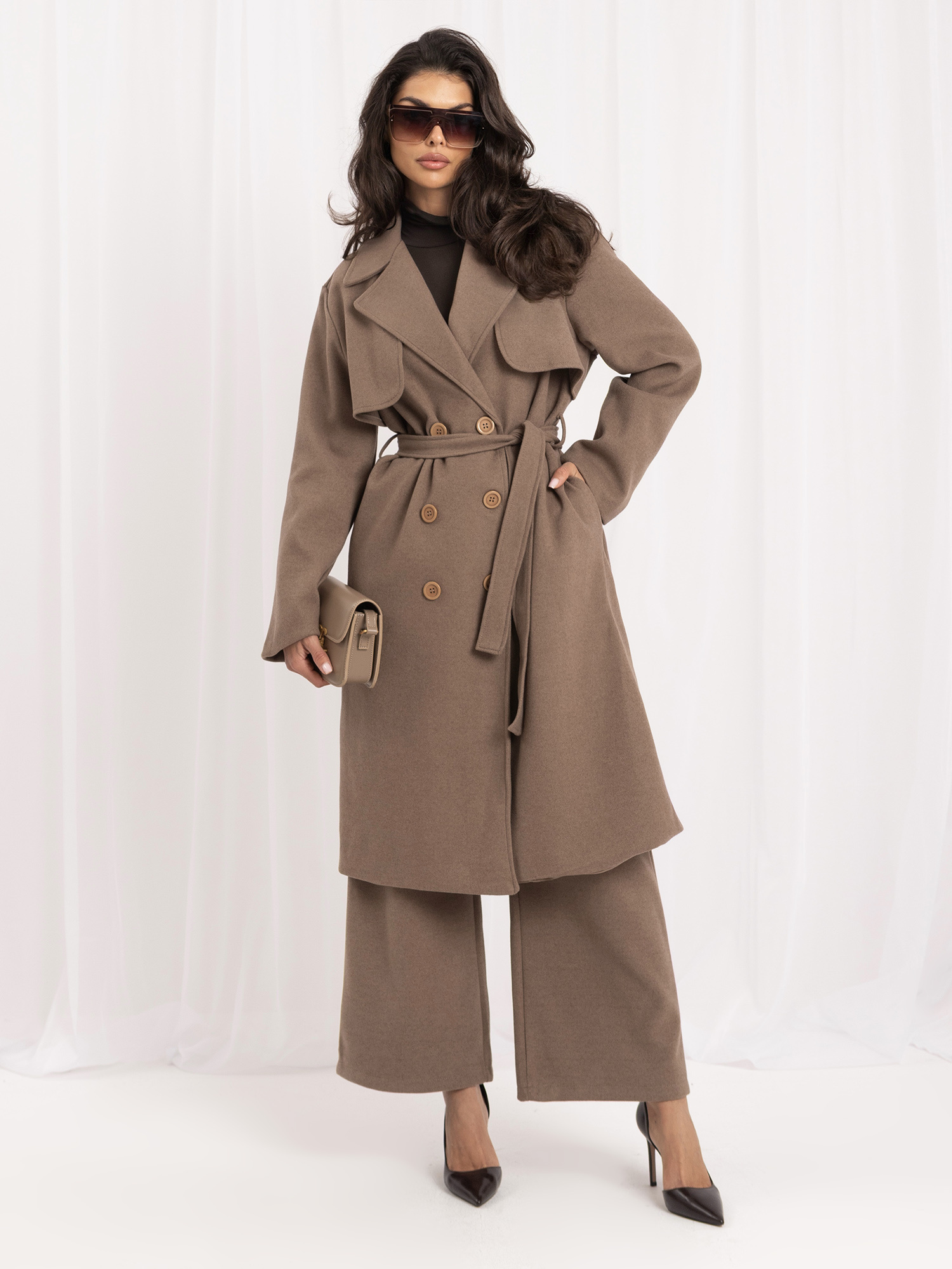 Dark beige long trench coat.