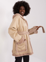 Hurtownia Beżowy krótki płaszcz zimowy z kapturem