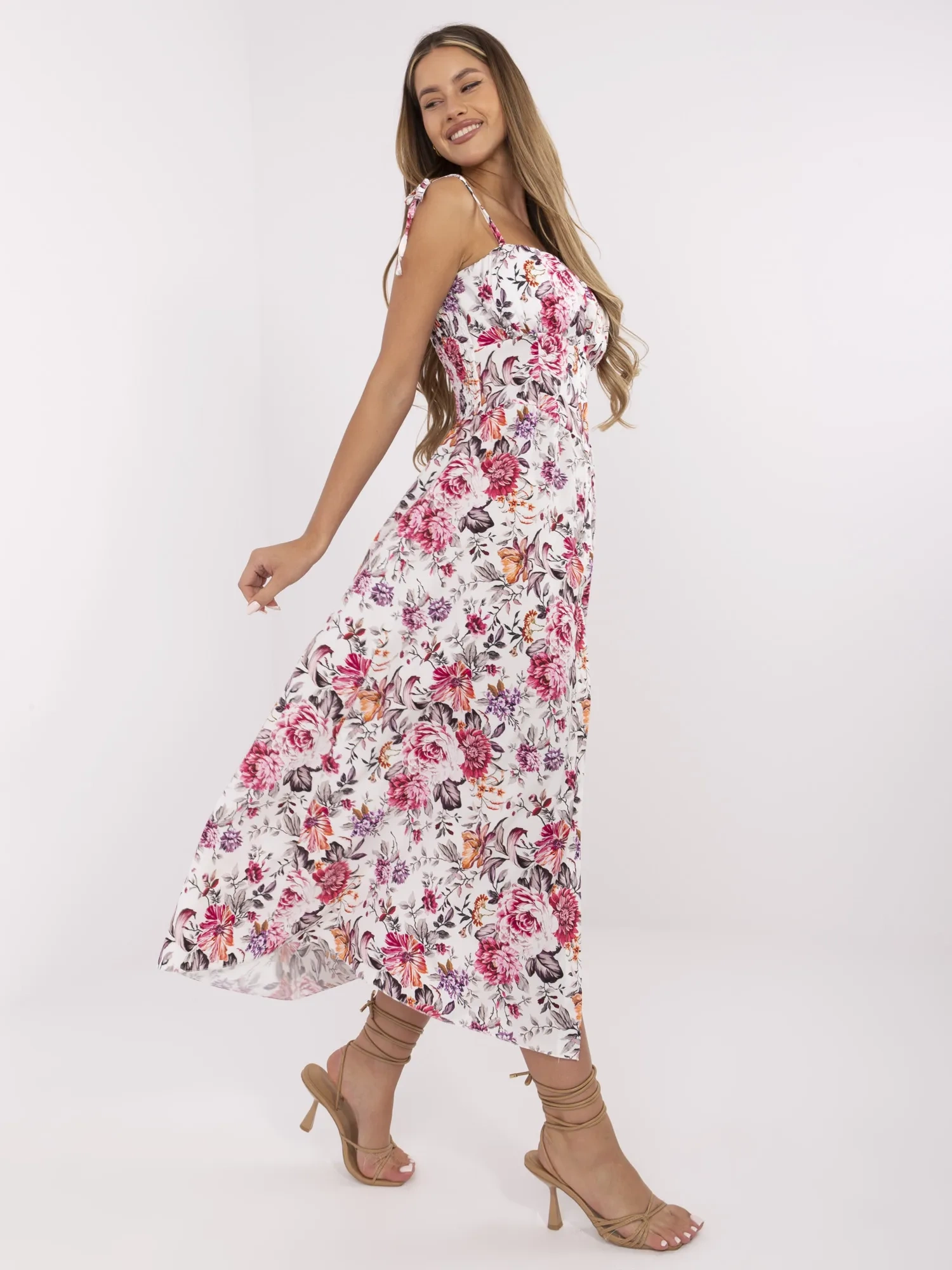 White-pink dress with button closure.