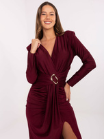 Burgundy evening dress with gathering.