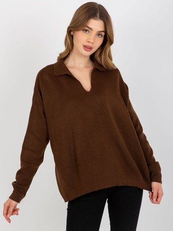 Hurt Ciemnobrązowy gładki sweter oversize z kołnierzykiem