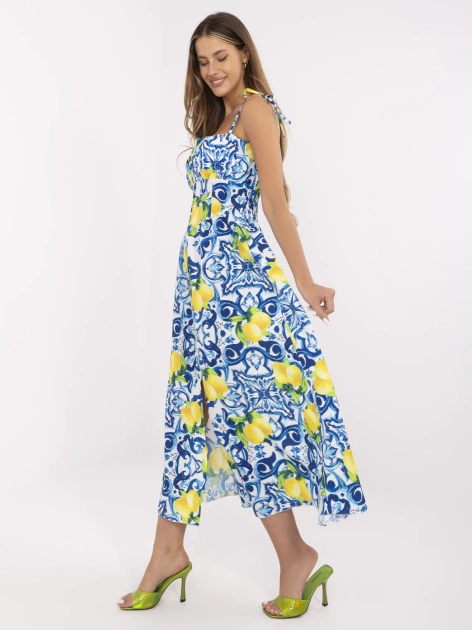 Niebiesko-żółta długa sukienka we wzory