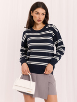Granatowy damski sweter w paski w stylu old money