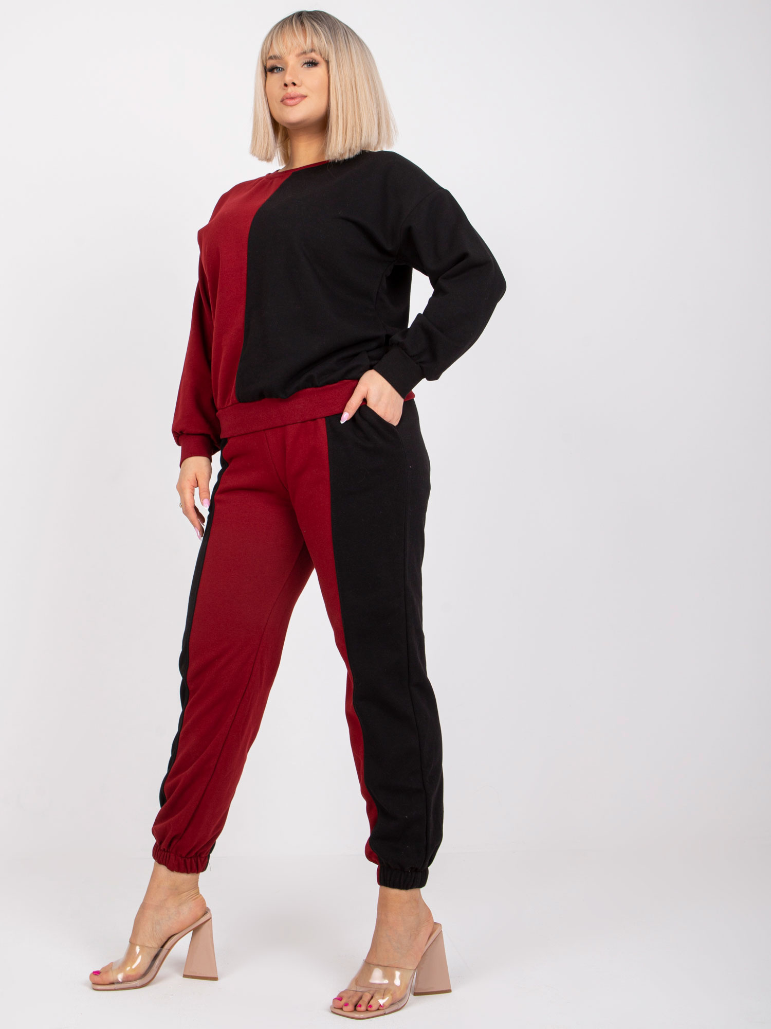 Bordowo-czarny komplet dresowy plus size z bawełny Amishi 