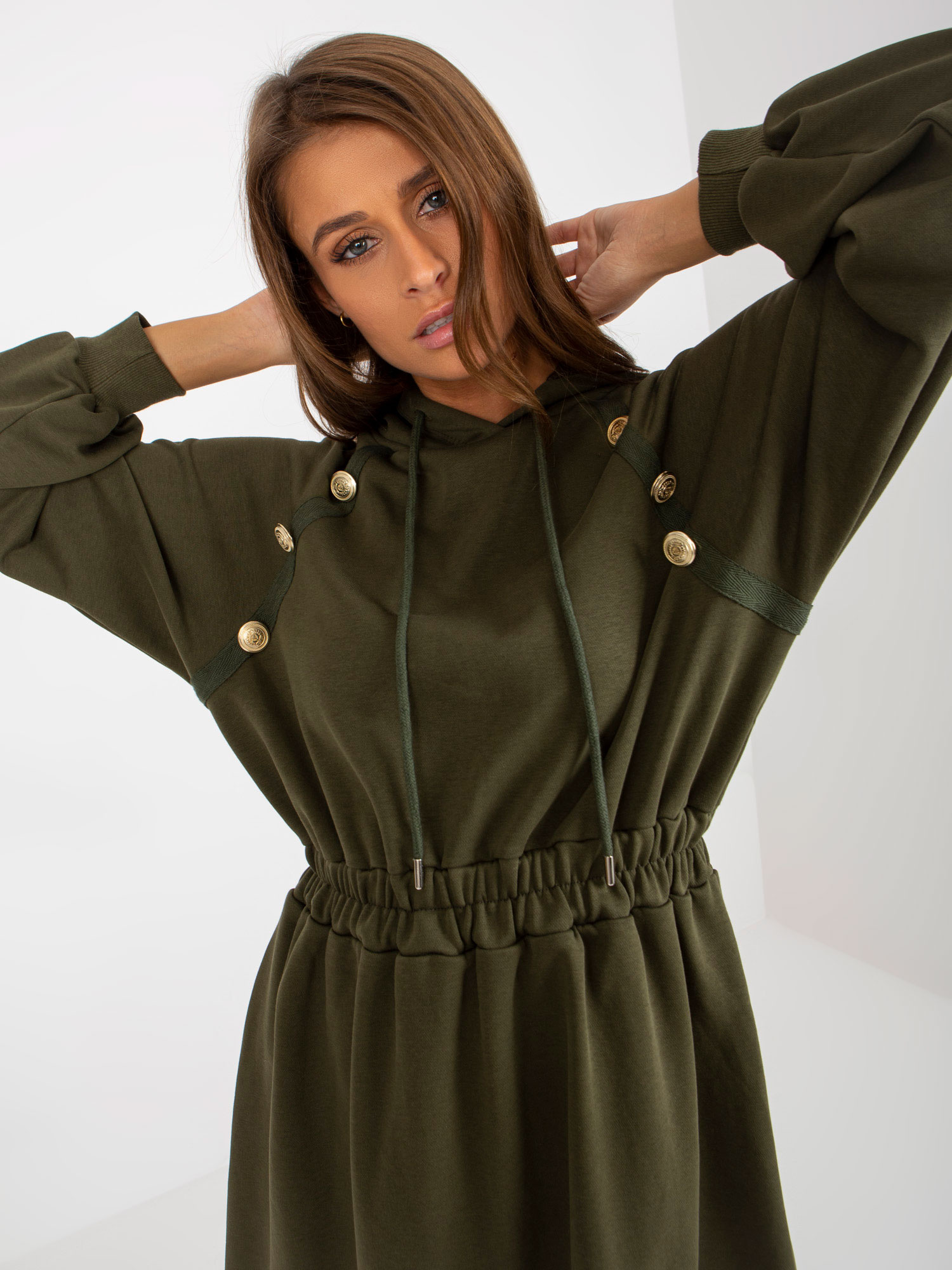 Hurt Khaki midi rozkloszowana sukienka dresowa z guzikami 