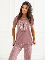 Brudnoróżowa dwuczęściowa piżama w motyle