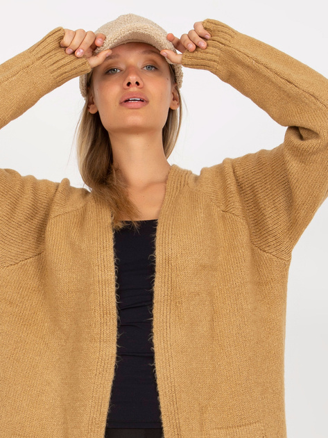 Hurt Camelowy długi kardigan z kieszeniami RUE PARIS