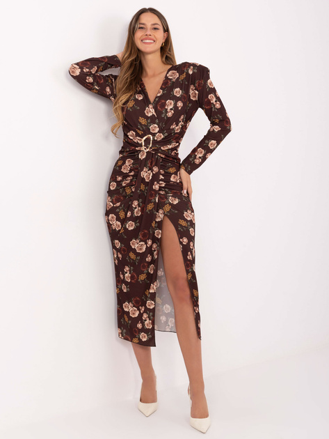 Brązowa midi sukienka z kopertowym dekoltem