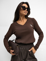 Czekoladowa dopasowana bluzka w prążek RUE PARIS 