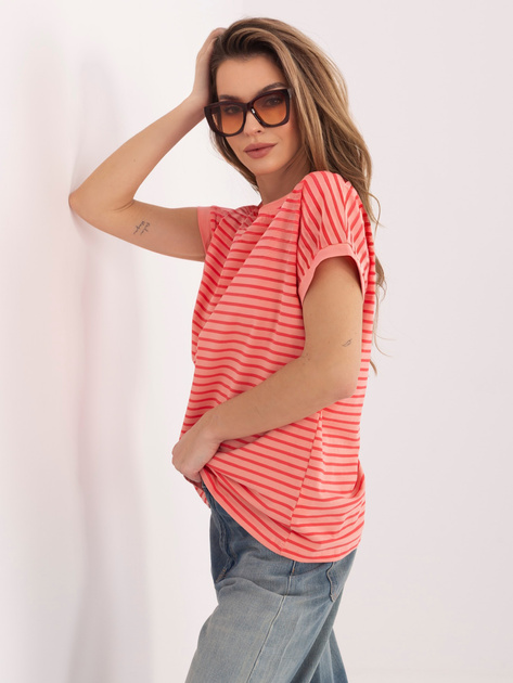 Brzoskwiniowo-czerwony bawełniany t-shirt w paski