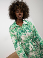 Hurt Zielono-beżowa lniana sukienka szmizjerka z wiązaniem 