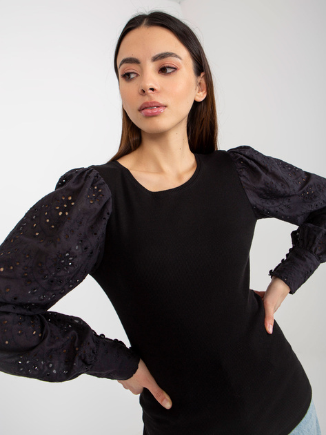 Hurt Czarna prążkowana bluzka wizytowa z ażurowymi rękawami OCH BELLA