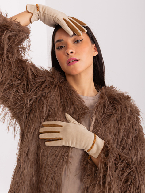 Hurt Beżowe eleganckie rękawiczki z ozdobnym paskiem