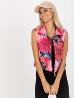 Hurt Różowa krótka kamizelka w kwiaty z kieszeniami