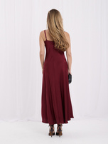 Burgundy cocktail dress with a draped neckline.