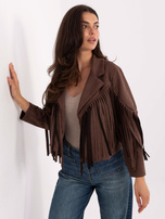 Brązowa zamszowa kurtka z frędzlami RUE PARIS 